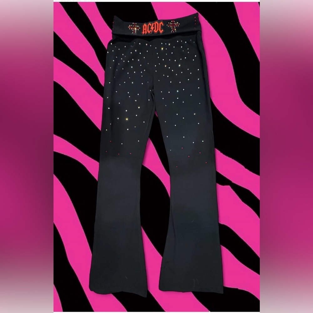 Black Flared Pants Ac/Dc Leggings with Rhinestone Detailing - Picture 3 of 8